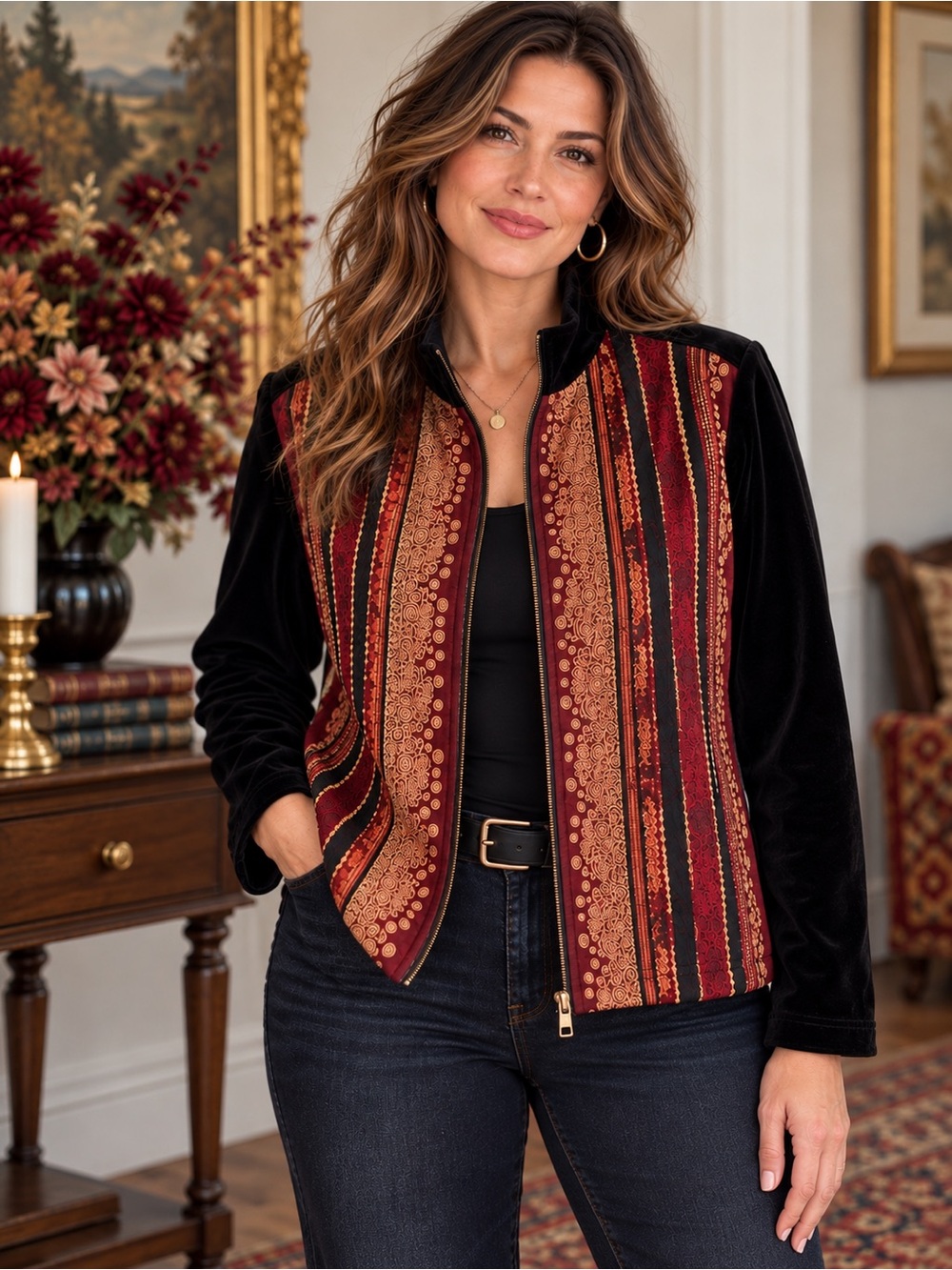Vintage Jacket Boho Luxe Tapestry Velvet Burgundy Black Zip Front L